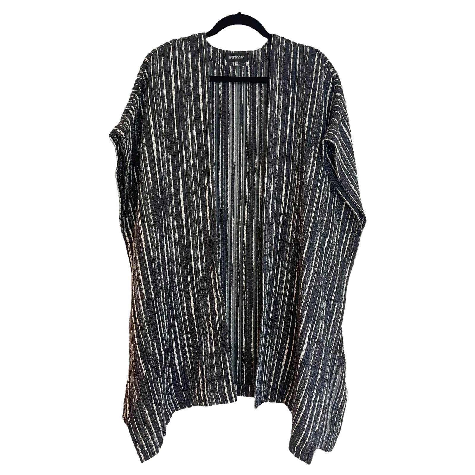 Eskandar Wool Blend Textured Open Front Woven Layering Boho Kimono One Size